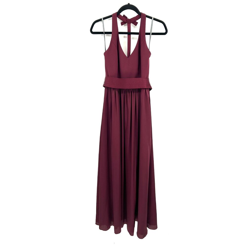 VERA WANG White Label Wine V-Neck Halter Maxi Bridesmaid Dress Pockets Size 2